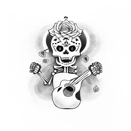 A Dia de Los Muertos skeleton playing a guitar tattoo design idea