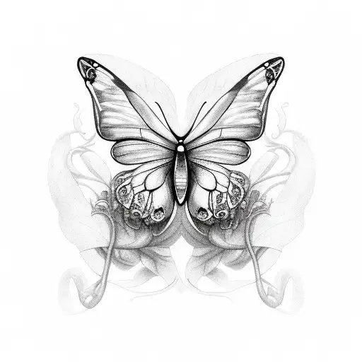 a butterfly where the thorax is a semicolon. with vines and dainty flowers surrounding  tattoo design idea