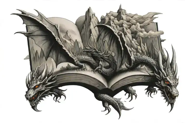 open book with mountains and dragons coming out of it with "I've lived a thousand lives" under it tattoo design idea