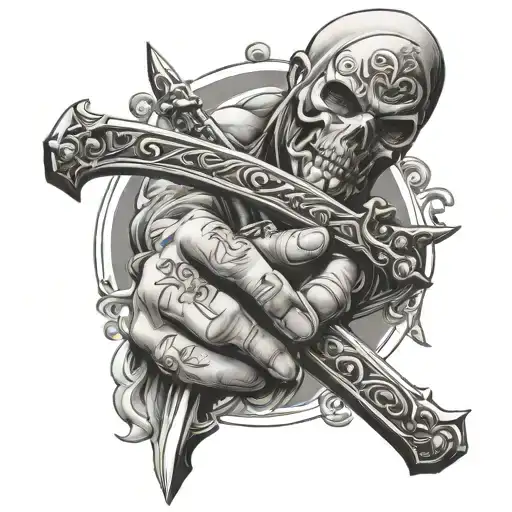 Mishell in fancy writing two hands holding sword piercing tattoo design idea