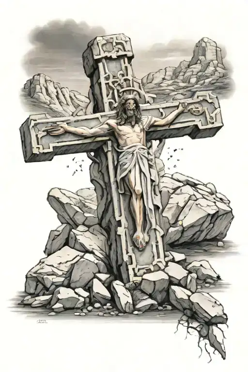 cross with jesus tomb behind it with the stone rolled away tattoo design idea