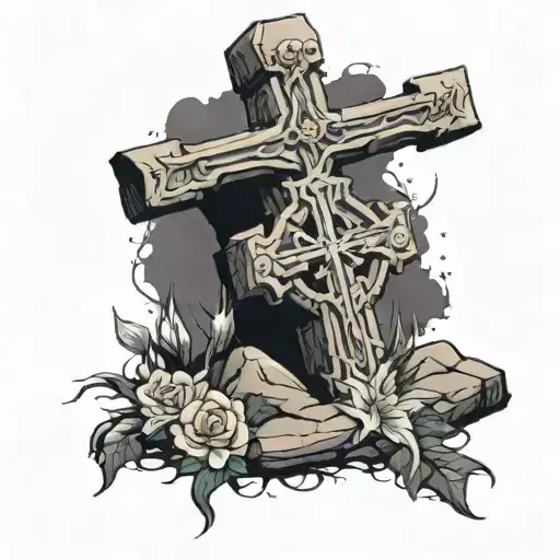 cross with jesus tomb behind it with the stone rolled away tattoo design idea