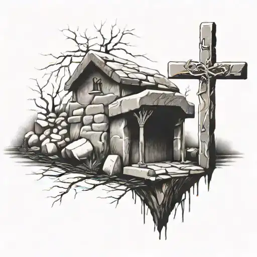 cross with jesus tomb behind it with the stone rolled away tattoo design idea