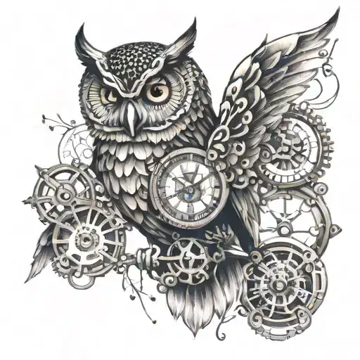 An owl with a steampunk clock face chest tattoo design idea