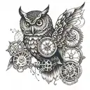 An owl with a steampunk clock face chest tattoo design idea