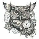 An owl with a steampunk clock face chest tattoo design idea