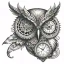 An owl with a steampunk clock face chest tattoo design idea