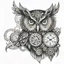 An owl with a steampunk clock face chest tattoo design idea