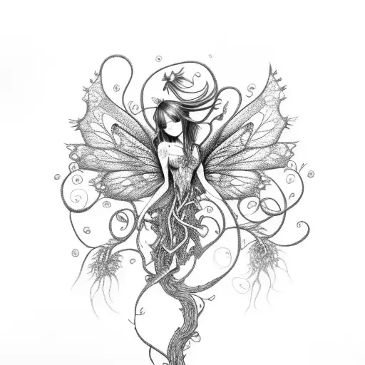 Spine tattoo Enchanting fairy surrounded by intricate vines tattoo design idea