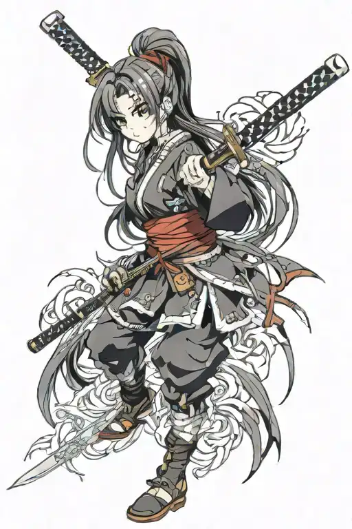 anime girl with katana long hair tattoo design idea