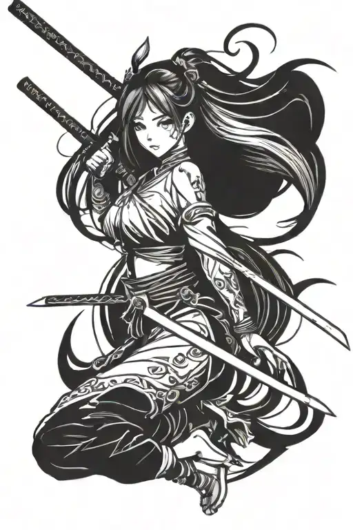 anime girl with katana long hair tattoo design idea