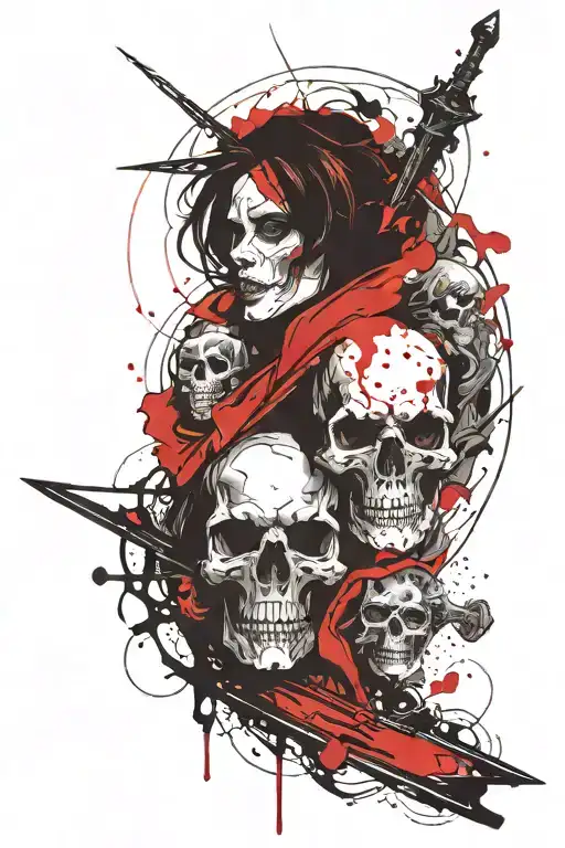 Man sleeve tattoo on the leg must feature multiple skulls and crosses, nude women and swords tattoo design idea