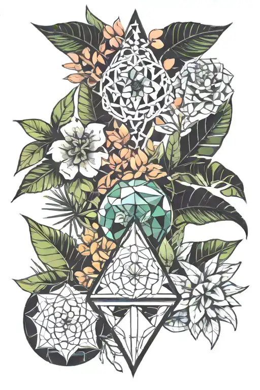 tropical plants and crystals, sacred geometry patterns tattoo design idea