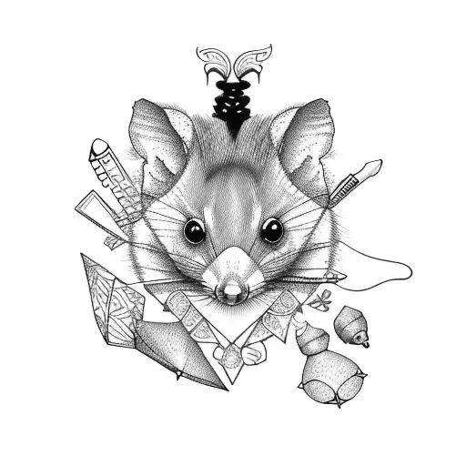 Design a tattoo of a teacher's desk covered in crochet motifs and a playful opossum tattoo design idea