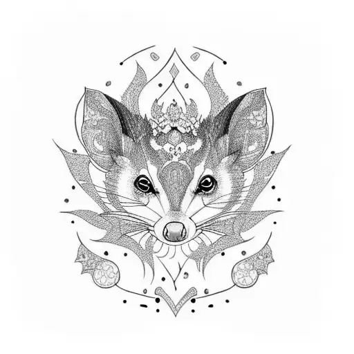 Create a tattoo featuring an opossum surrounded by intricate crochet patterns tattoo design idea