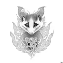 Create a tattoo featuring an opossum surrounded by intricate crochet patterns tattoo design idea