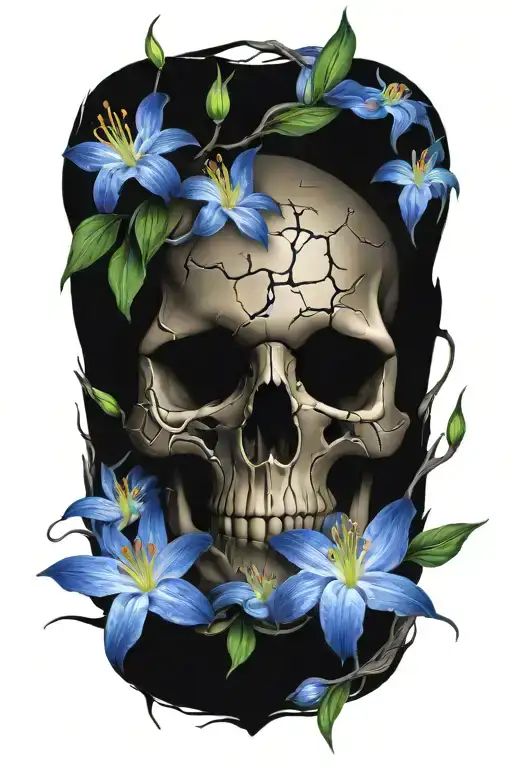 cracked skull with lilies and leaves tattoo design idea