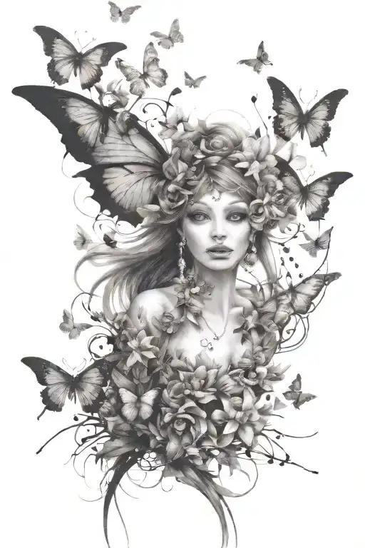  fairy face smiling with flying butterflies, with delicate wings, pearl necklace  tattoo design idea