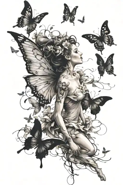 fairy with butterflies flying, with the wind hitting their wings, with a white background tattoo design idea