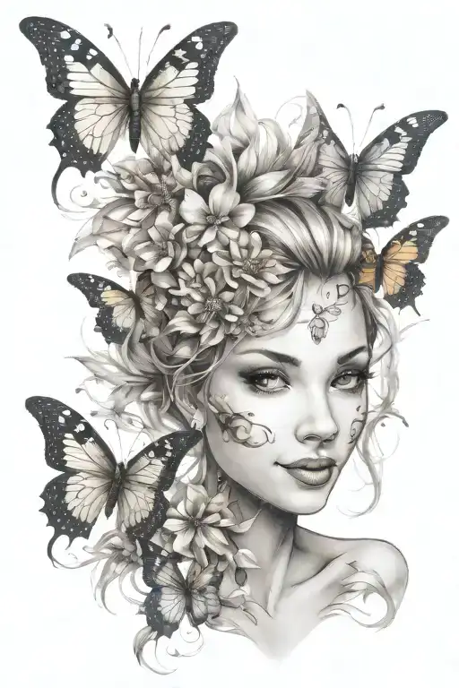 fairy face smiling showing teeth, with penetrating eyes, short hair, with evagalume butterflies flying, delicate wings  tattoo design idea