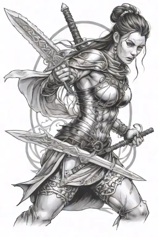  female warrior with curved sword in her right hand, focus on her face tattoo design idea