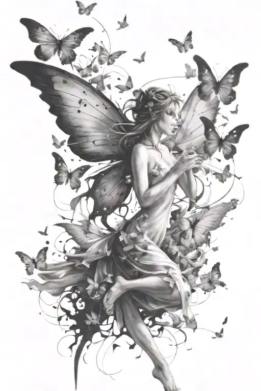 fairy with butterflies flying, with the wind hitting their wings, with a white background tattoo design idea