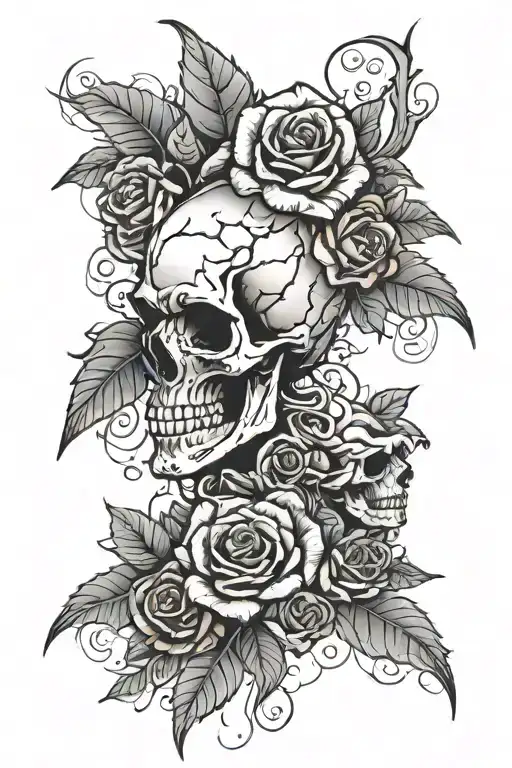 cracked profile skull with lilies, red roses and leaves tattoo design idea