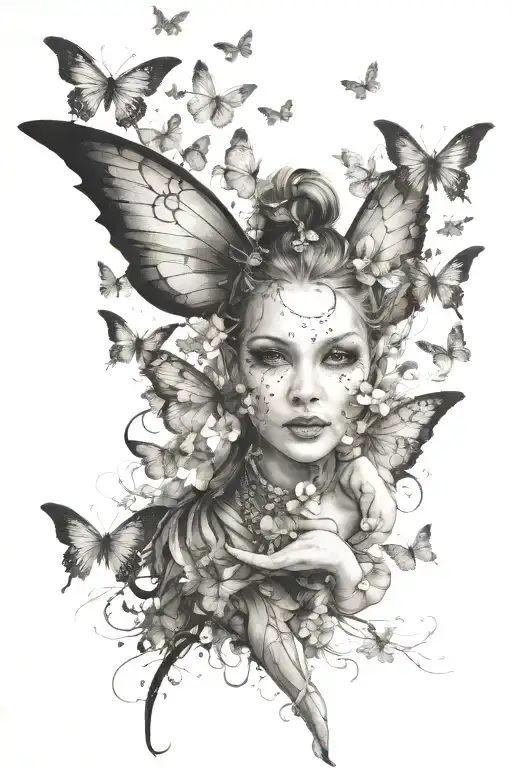  fairy face smiling showing teeth, hood, with butterflies flying, with delicate wings, pearl necklace  tattoo design idea