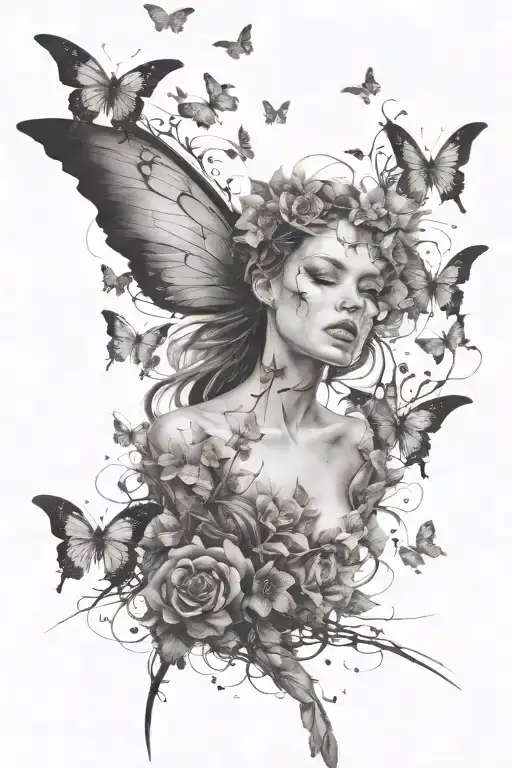 face  fairy with butterflies flying, with the wind hitting their wings, with a white backgroun tattoo design idea