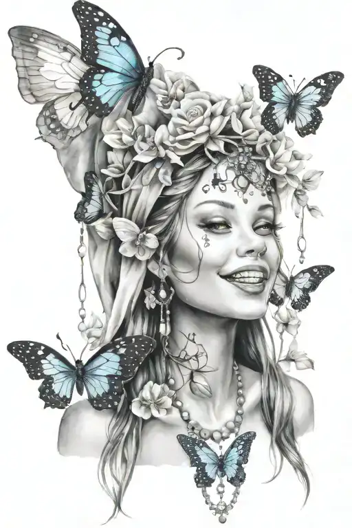  fairy face smiling showing teeth, hood, with butterflies flying, with delicate wings, pearl necklace  tattoo design idea
