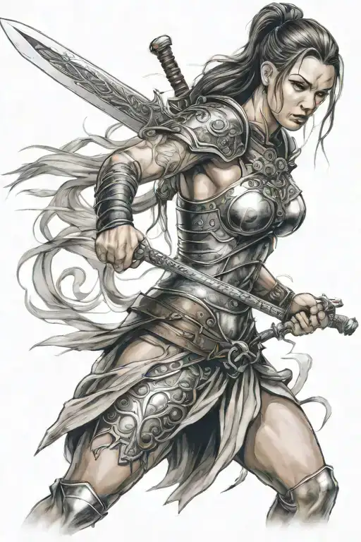  female warrior with curved sword in her right hand, focus on her face tattoo design idea