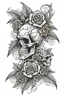 cracked profile skull with lilies, red roses and leaves tattoo design idea