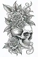 cracked profile skull with lilies, red roses and leaves tattoo design idea