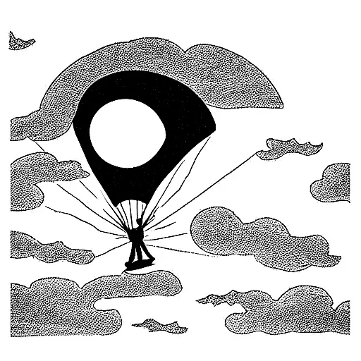 A parachutist whose sail is the clouds, with a faint sun in the background. tattoo design idea