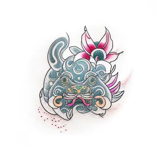 fu dog volcano lava ocean plumeria jungle water tattoo design idea