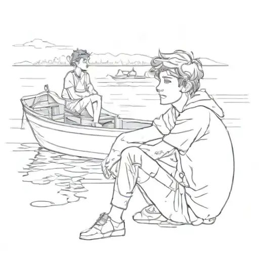 a teenager boy sitting in front of a boat. the boy is looking forward to the countinue of the lake and wondering in a go tattoo design idea