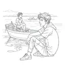 a teenager boy sitting in front of a boat. the boy is looking forward to the countinue of the lake and wondering in a go tattoo design idea