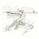 a teenager boy sitting in front of a boat. the boy is looking forward to the countinue of the lake and wondering in a go tattoo design idea