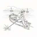 a teenager boy sitting in front of a boat. the boy is looking forward to the countinue of the lake and wondering in a go tattoo design idea