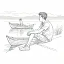 a teenager boy sitting in front of a boat. the boy is looking forward to the countinue of the lake and wondering in a go tattoo design idea