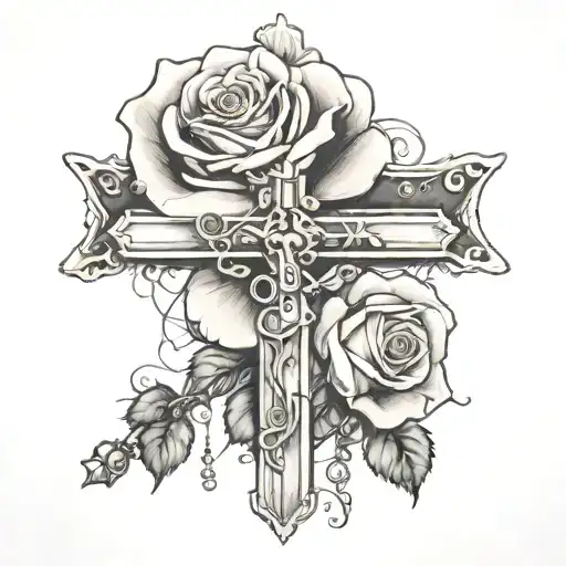 rose with a cross and a rosary and it says Amelia tattoo design idea