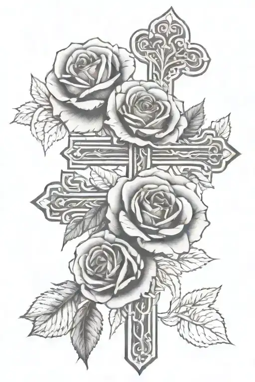 roses with the cross of Jesus Christ that says Amelia tattoo design idea