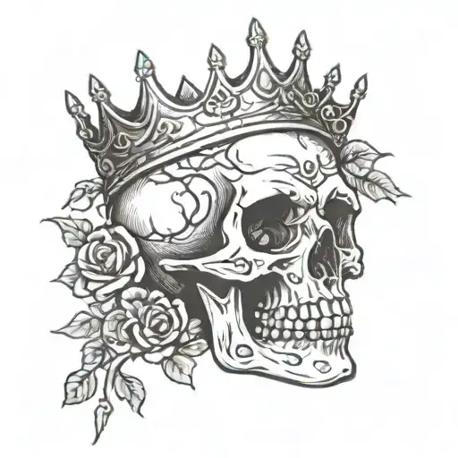 A skull with a crown of thorns and roses intertwined, symbolizing the love for metal music and the darker side of life tattoo design idea