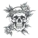 A skull with a crown of thorns and roses intertwined, symbolizing the love for metal music and the darker side of life tattoo design idea