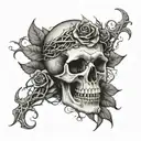 A skull with a crown of thorns and roses intertwined, symbolizing the love for metal music and the darker side of life tattoo design idea