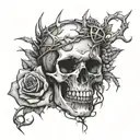 A skull with a crown of thorns and roses intertwined, symbolizing the love for metal music and the darker side of life tattoo design idea