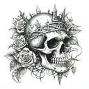 A skull with a crown of thorns and roses intertwined, symbolizing the love for metal music and the darker side of life tattoo design idea