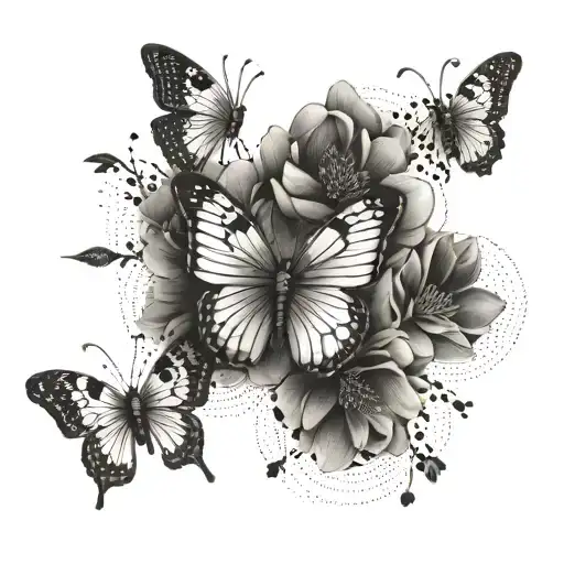 Create a minimalist tattoo design incorporating sakura flowers and four butterflies in a dotwork style for a unique and intricate look tattoo design idea
