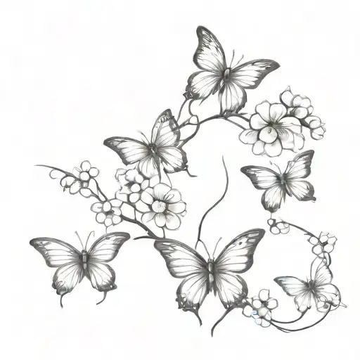 A delicate, symmetrical tattoo design featuring sakura flowers and four butterflies intertwined with elements of blackwork style tattoo design idea