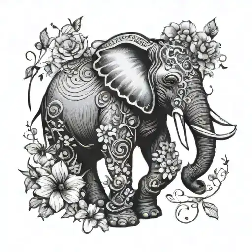 elephant with tusks entangled with flowers with vines and thorns and butterflies  tattoo design idea